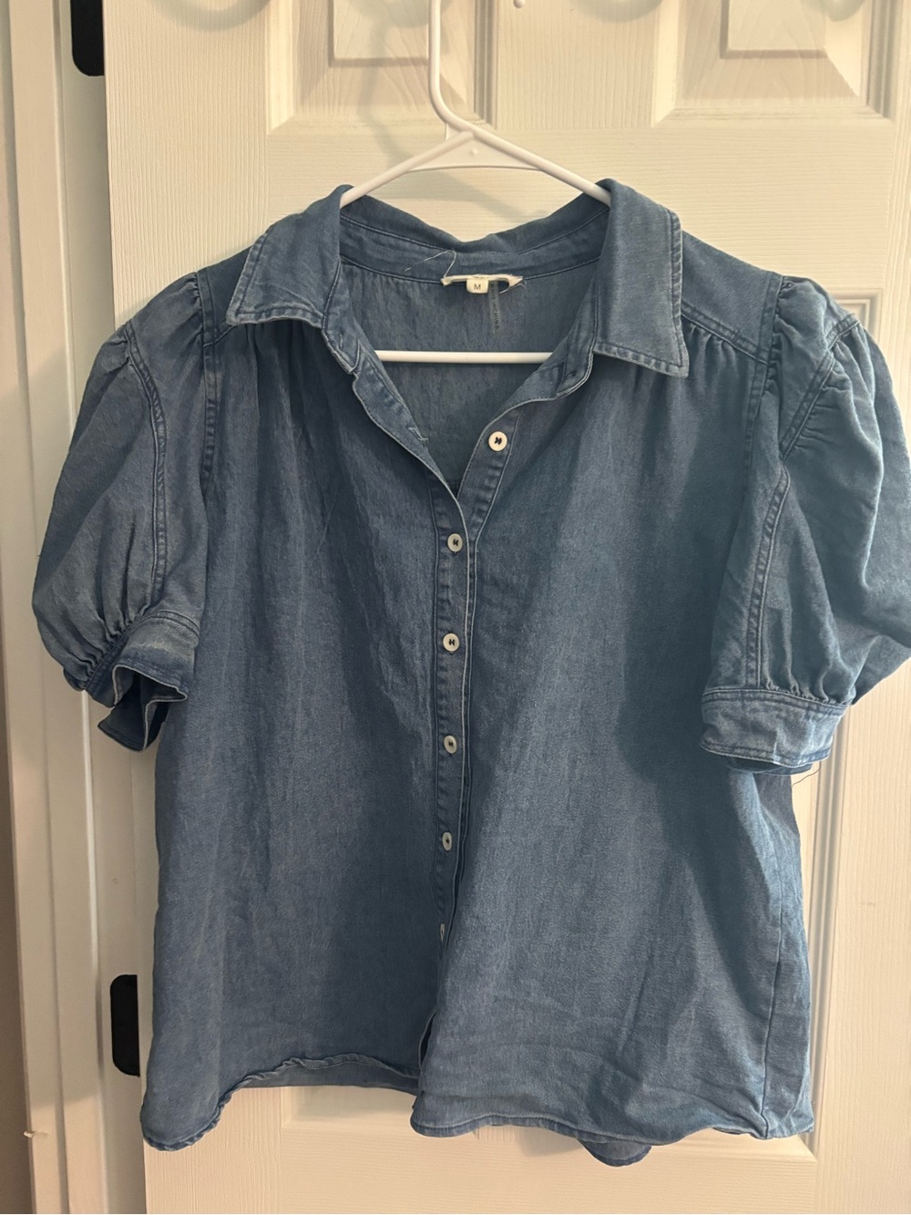 Entro Puff Sleeve Chambray Denim Button Down Top